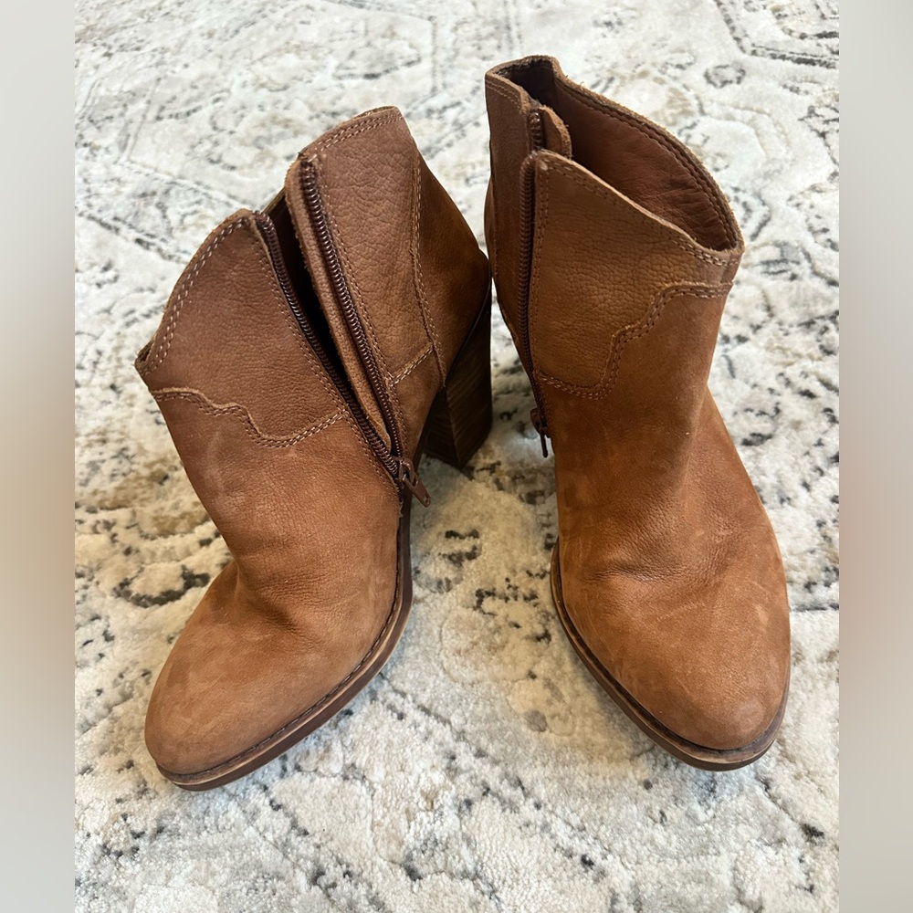 Lucky Brand Chestnut Brown Leather Ankle Booties with Block Heel